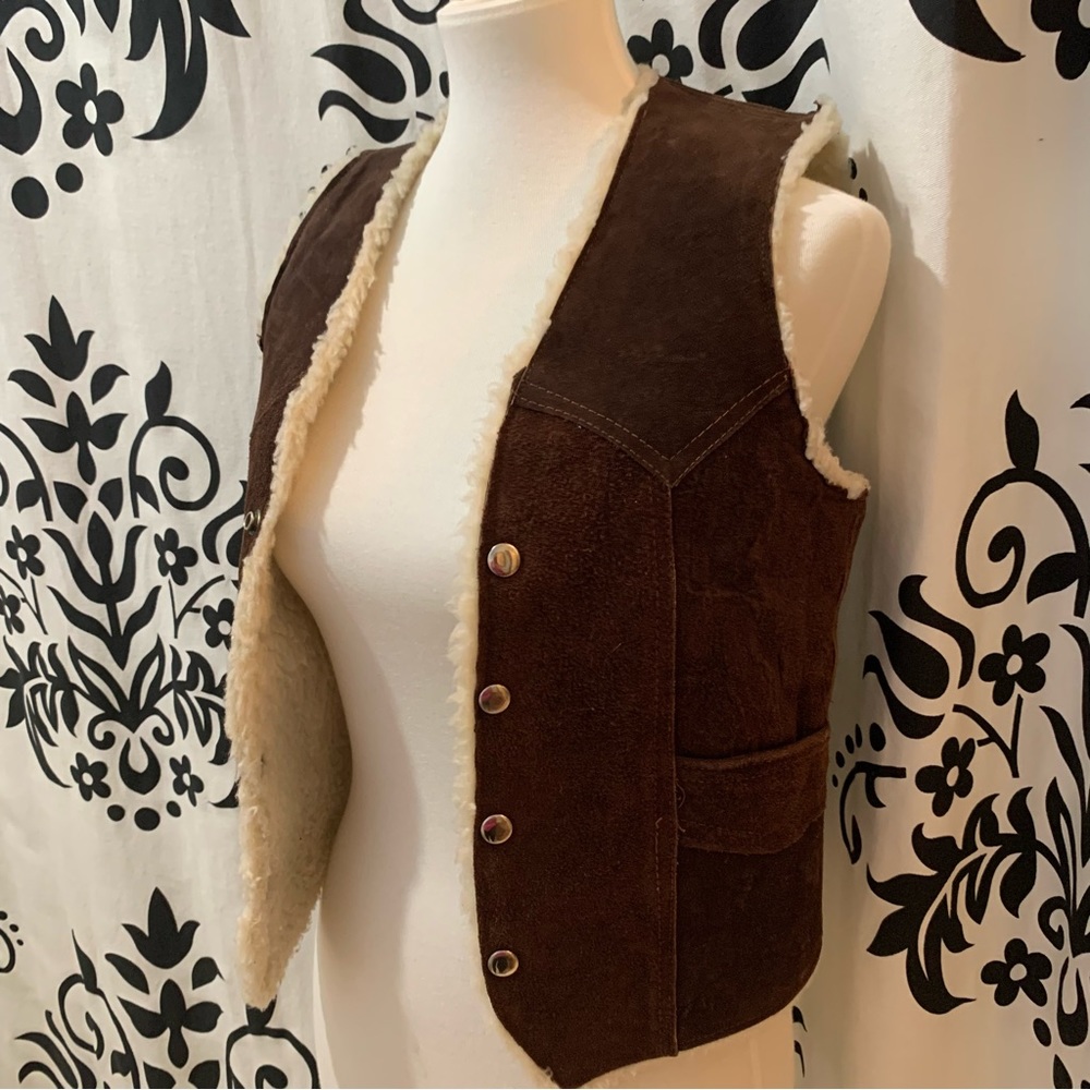 Brown Sherpa Leather Vest Size Medium Snaps